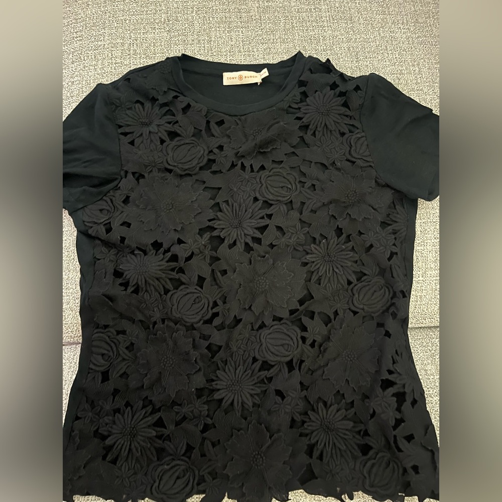 Tory Burch Black Floral Textured Short Sleeve Top